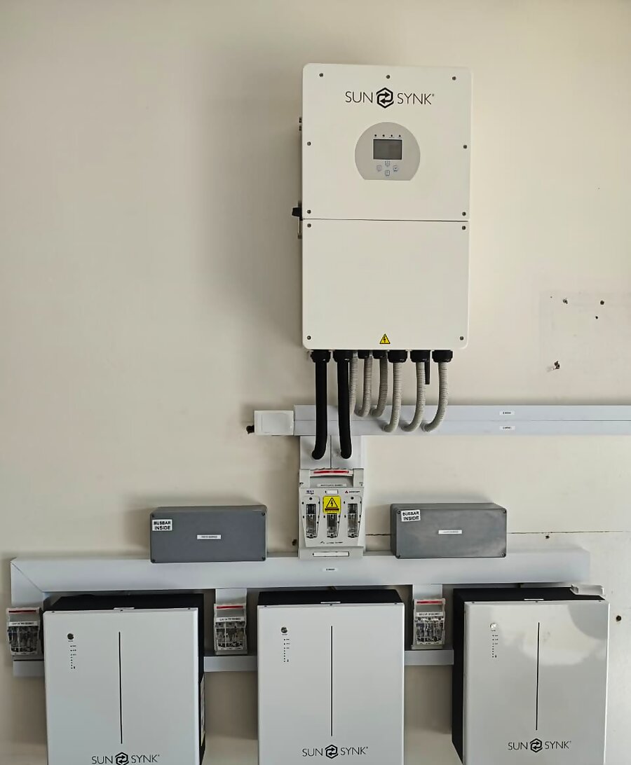 Hybrid solar inverter with three wall-mounted lithium batteries in Durban